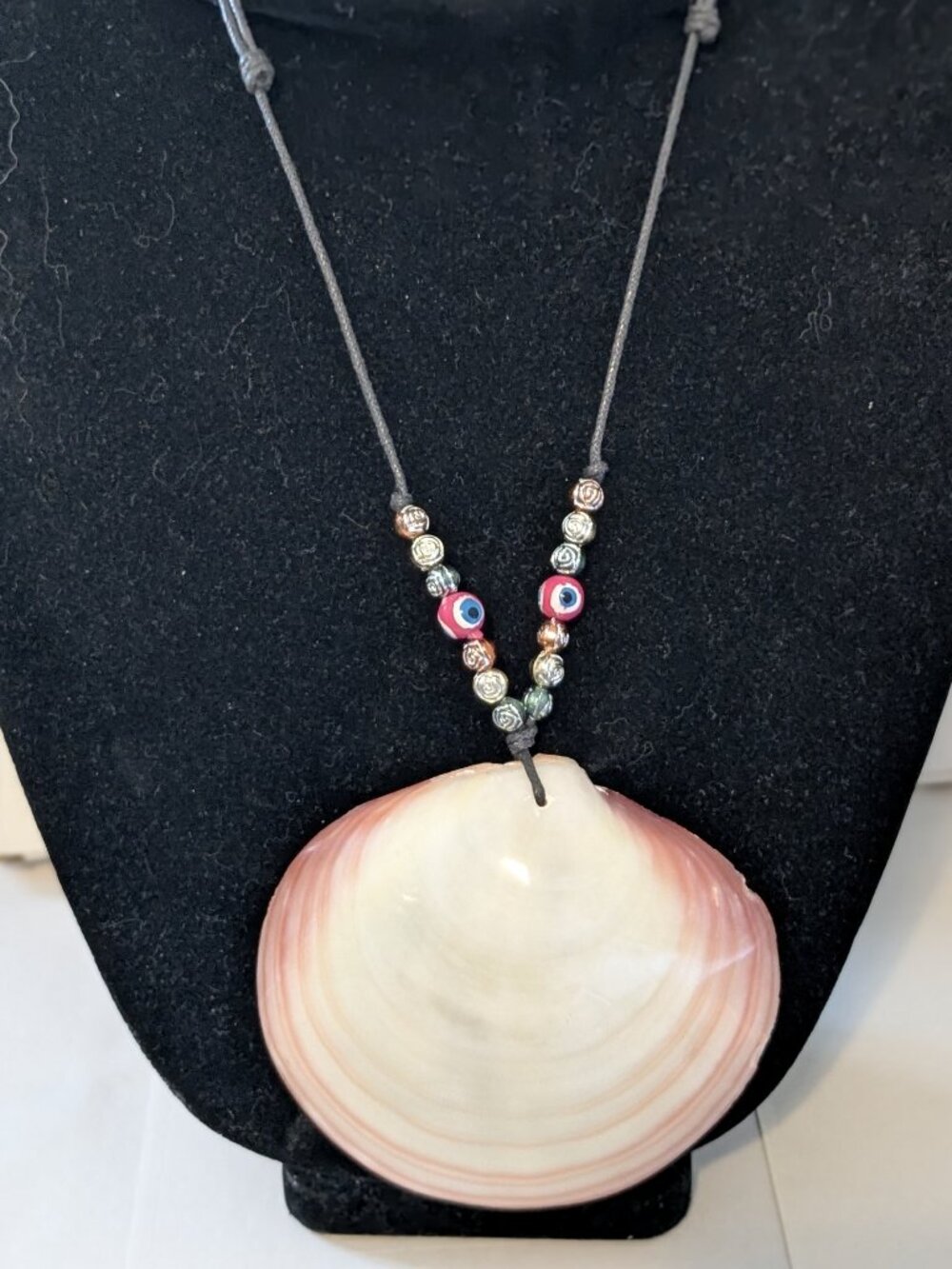 Polished Tiger Clam Shell Beaded Millefiori Black Corded Adjustable Necklace